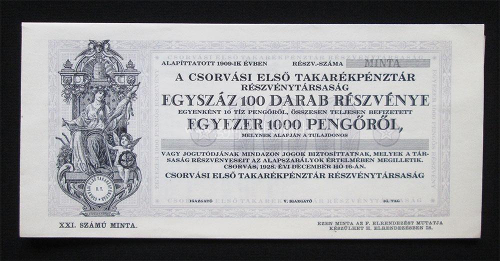 Csorvási Első Takarékpénztár részvény 100x10 pengő 1928 MINTA